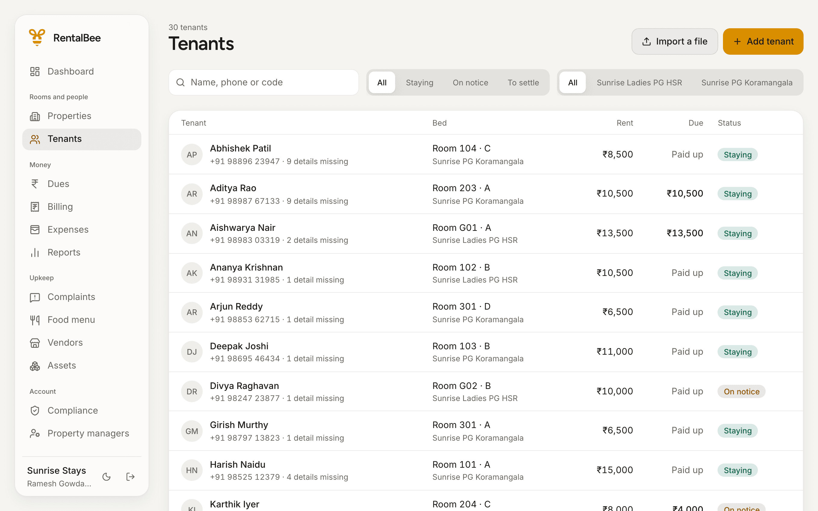 The tenants list: thirty tenants with their room, rent, what is due and whether they are staying or on notice.